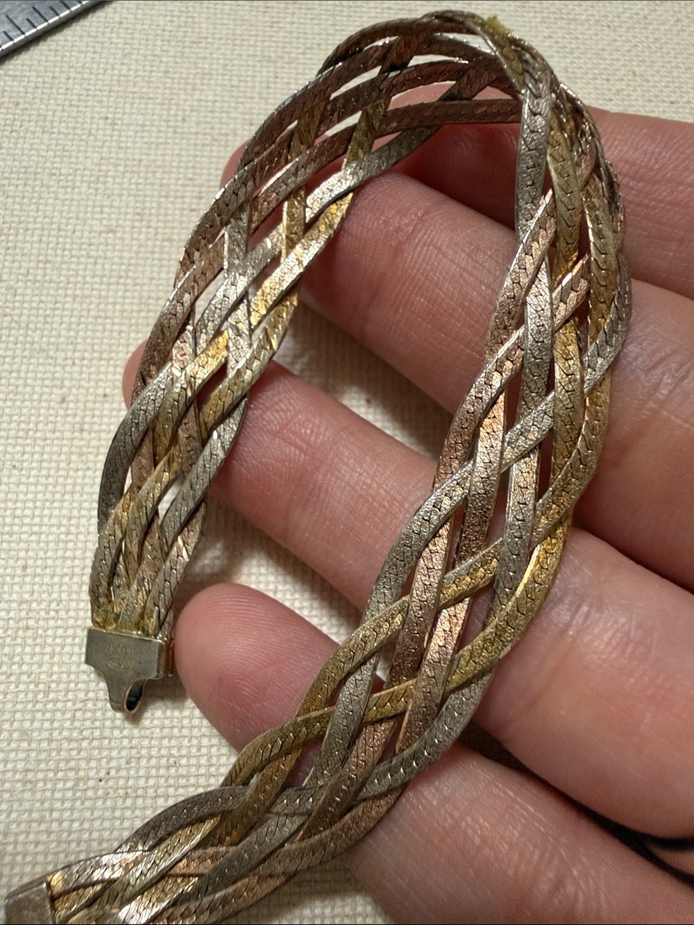 Sterling Silver 925 Tri-Tone Braided Women's Bracelet 7’ inch